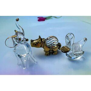 Vintage 1970s Lot 3 Miniature blown glass animals Duck, elephant, Rhino